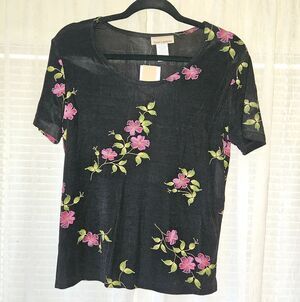 Susan Lawrence Black Short-Sleeve Top with Pink Floral Embroidery